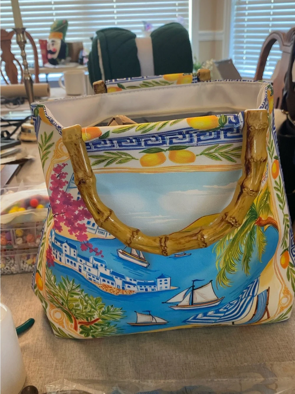 Coastal Print Bamboo-Handle Tote Bag - Blue
